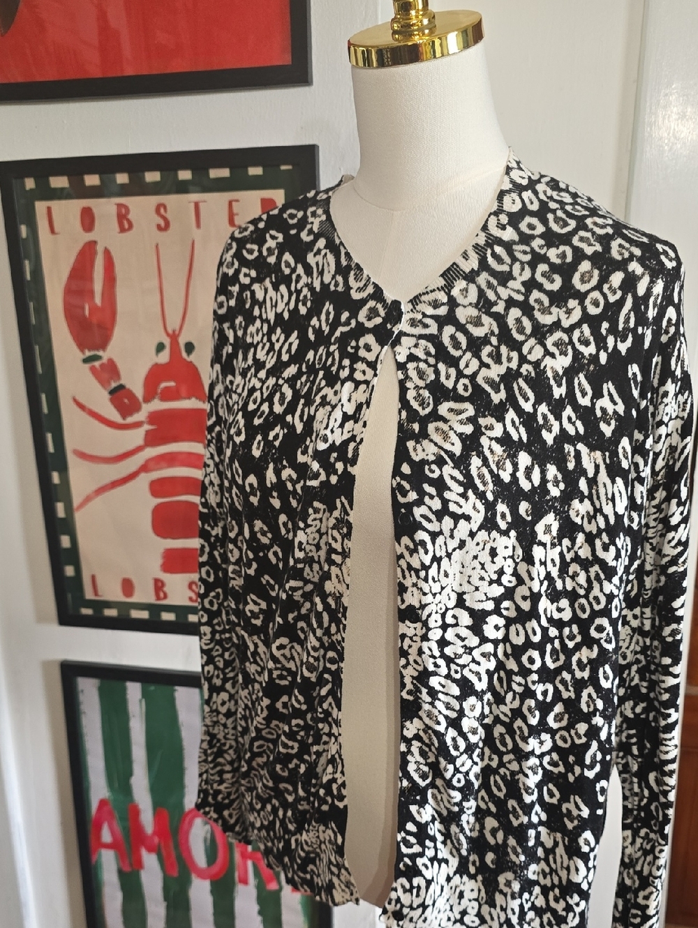 Sejour Black and White Animal‎ Print Cheetah Sweater Cardigan 1x Sejour